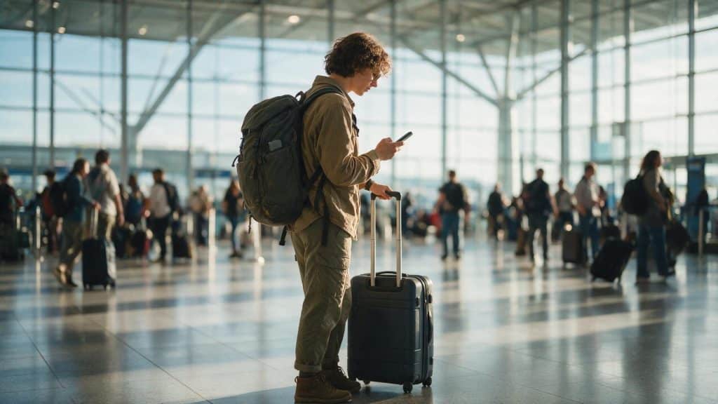 A traveller checking a phone beside a suitcase in an airport arrivals hall