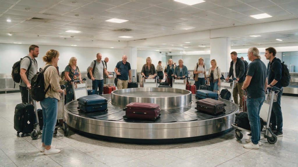 Suitcases riding a baggage reclaim carousel with travellers waiting