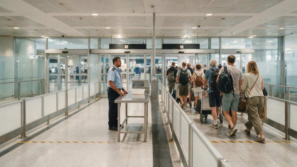 The customs exit lanes of an airport arrivals hall with an officer on duty