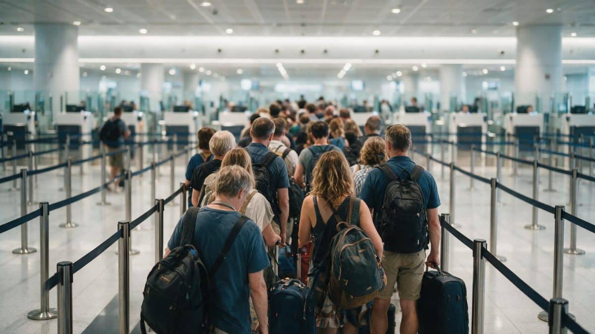 Travellers queuing between barriers at airport immigration