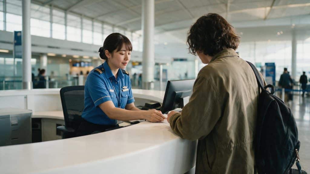 A member of staff helping a traveller at an airport information counter