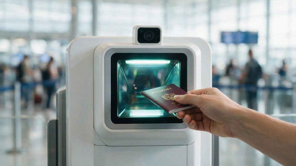 The scanner window of an automated airport gate with a passport approaching