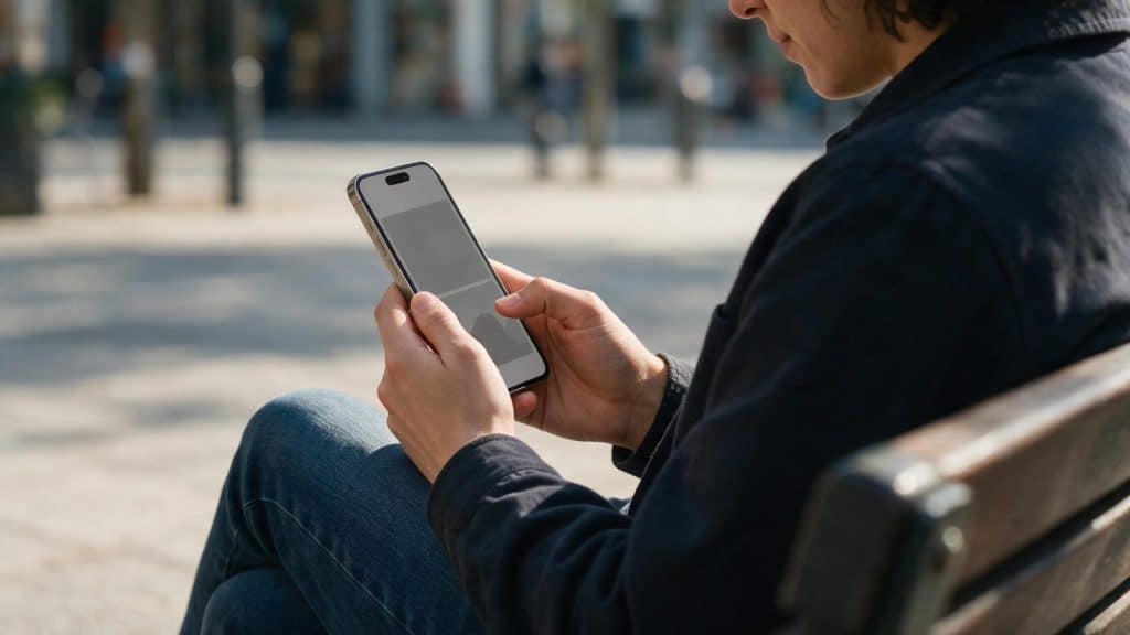 A person sitting outdoors checking the settings on a smartphone