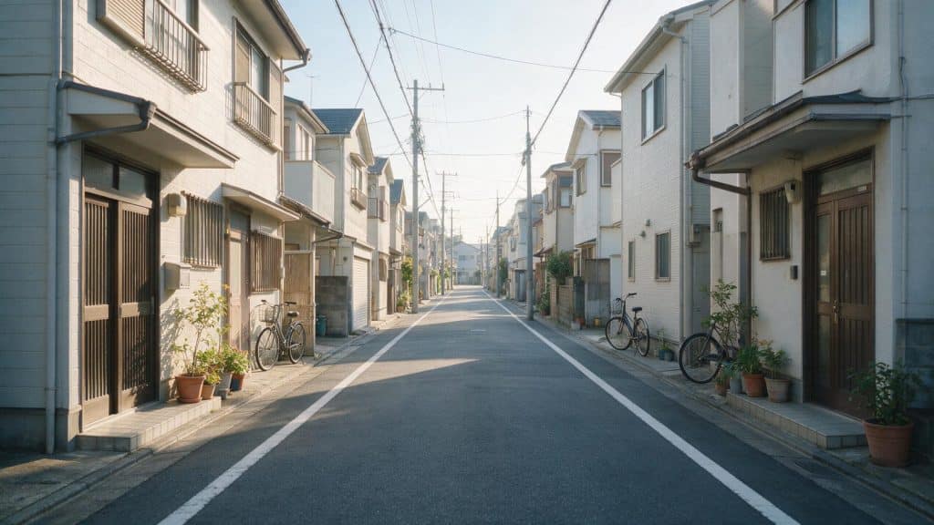 A spotless quiet Japanese residential street with no public bins