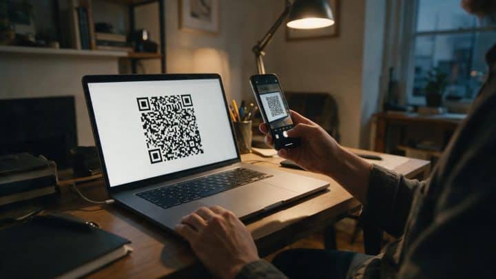 A smartphone scanning a QR code displayed on a laptop screen