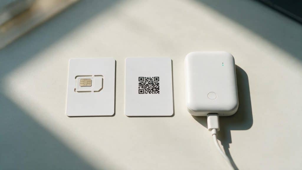 A SIM card, a QR code card and a pocket wi-fi router laid out on a desk