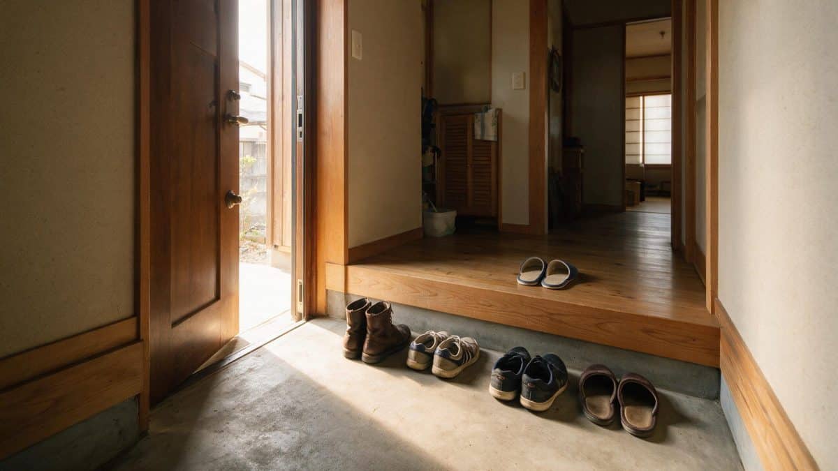 Shoes lined up in the genkan at the entrance to a Japanese house