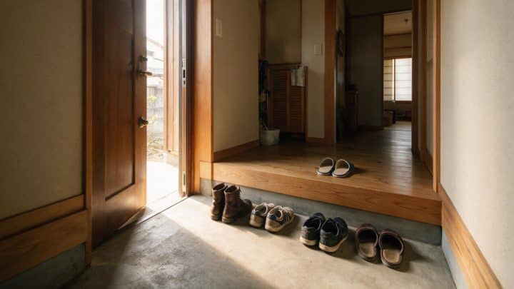 Shoes lined up in the genkan at the entrance to a Japanese house