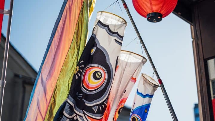 Koinobori carp streamers flown over a street for Children’s Day