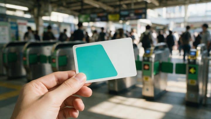 A hand holding a plain transit smart card in front of station ticket gates