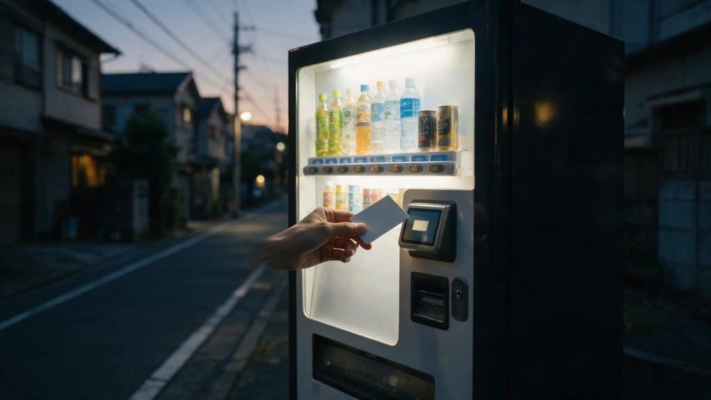 A smart card touched onto the reader of a Japanese street vending machine
