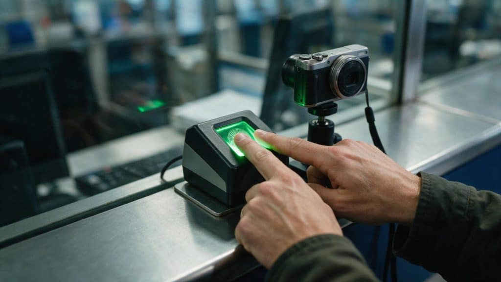 Fingers resting on a fingerprint scanner at an immigration counter