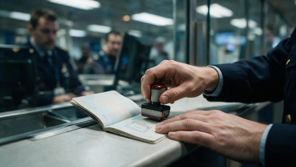 An officer stamping an open passport at an immigration desk