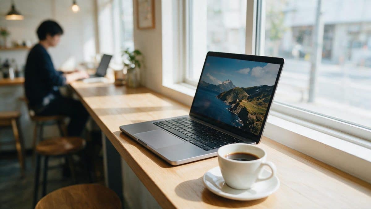 Person working on a laptop at an outdoor cafe table in Japan