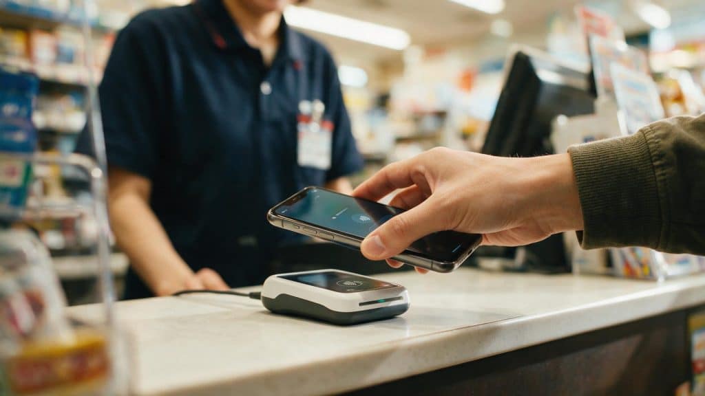 A shopper paying with a smartphone at a convenience store counter in Japan