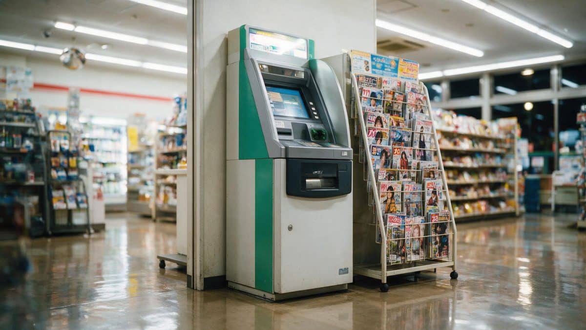 A cash machine standing inside a Japanese convenience store at night