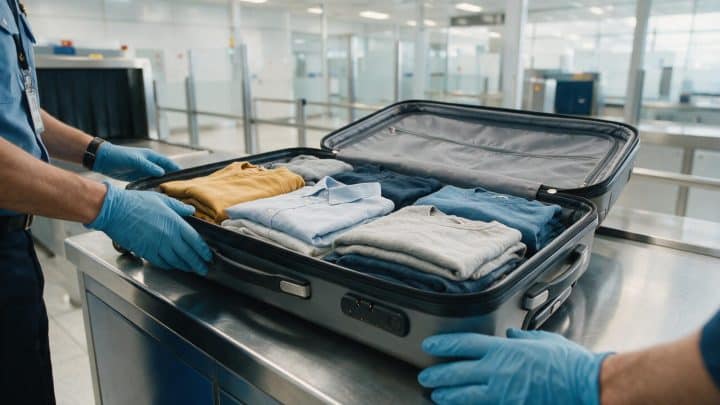 An open suitcase on a stainless steel customs inspection counter