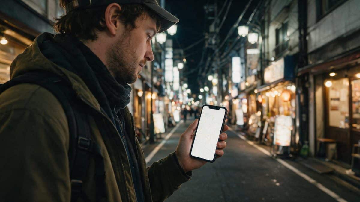 A traveller holding a smartphone showing a map on a Japanese street at night