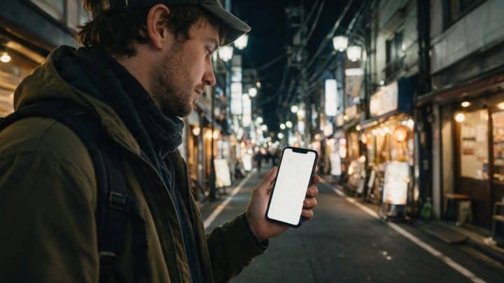 A traveller holding a smartphone showing a map on a Japanese street at night