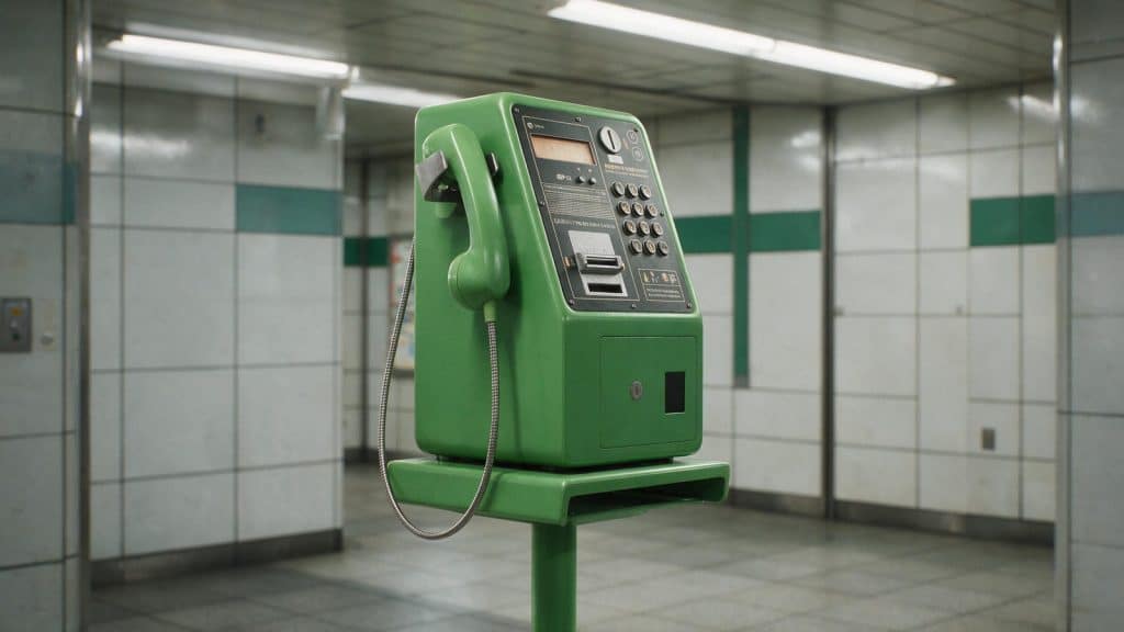A green public payphone inside a Japanese railway station