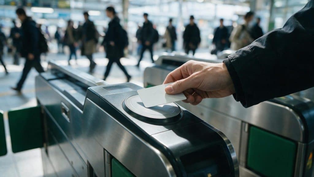 A hand touching a smart card onto the reader of an automatic ticket gate