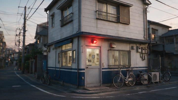 A neighbourhood police box on a Japanese street corner at dusk