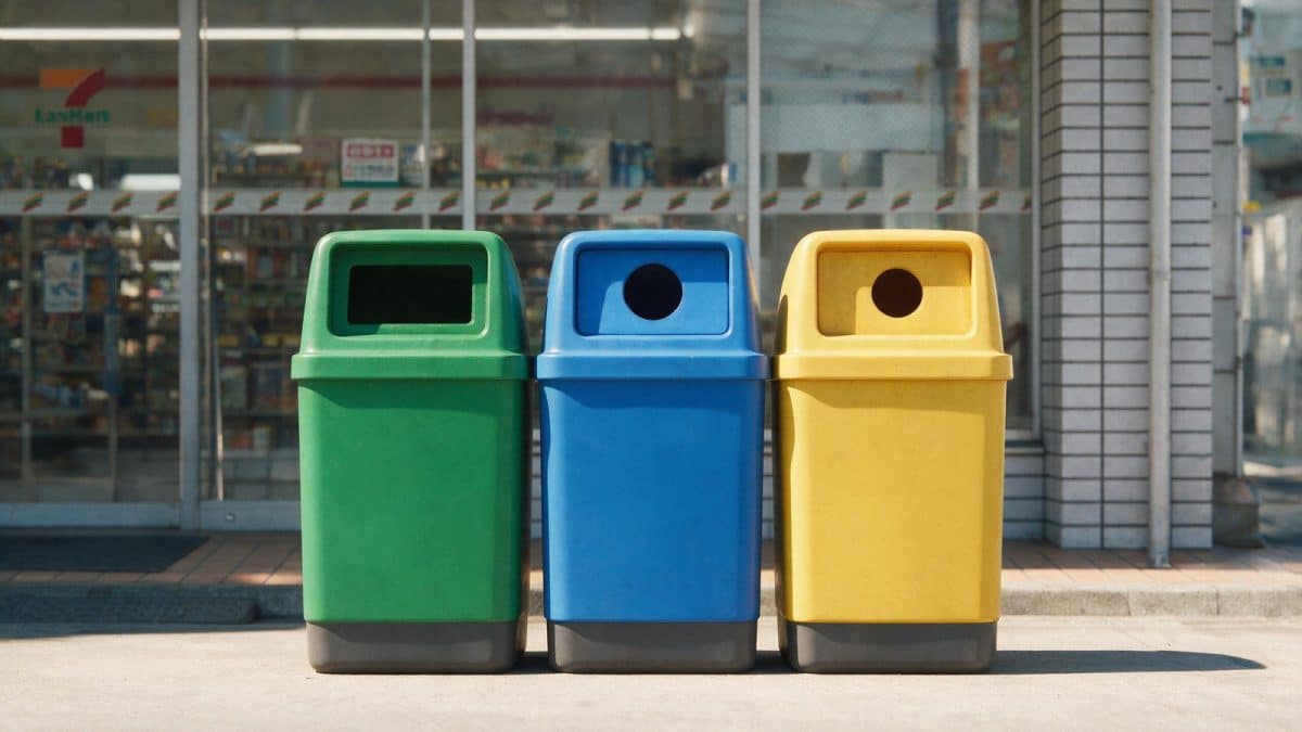Colour-coded waste bins standing outside a Japanese convenience store