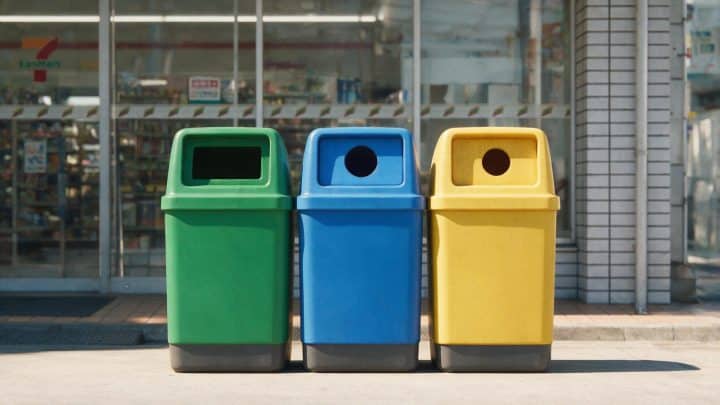 Colour-coded waste bins standing outside a Japanese convenience store