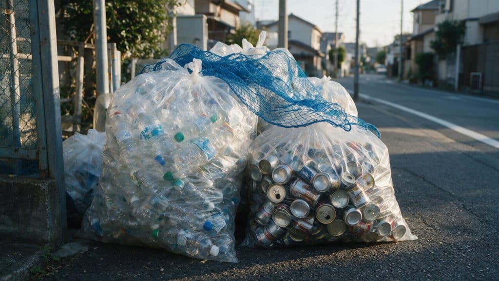 Transparent bags of sorted bottles and cans at a street collection point