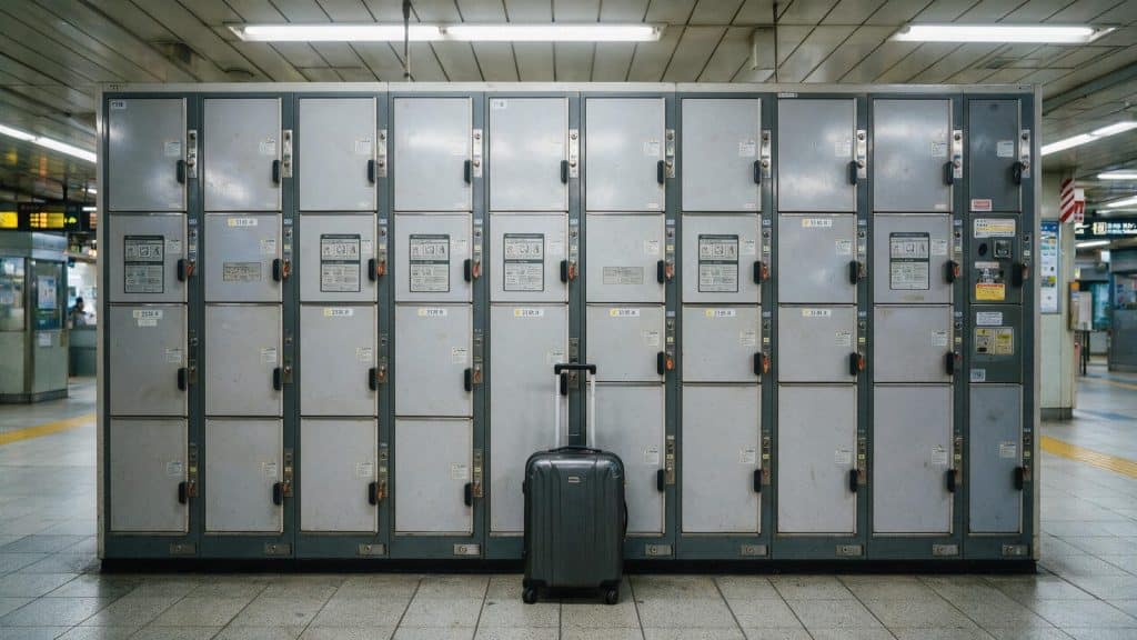 A wall of coin-operated luggage lockers in a Japanese railway station