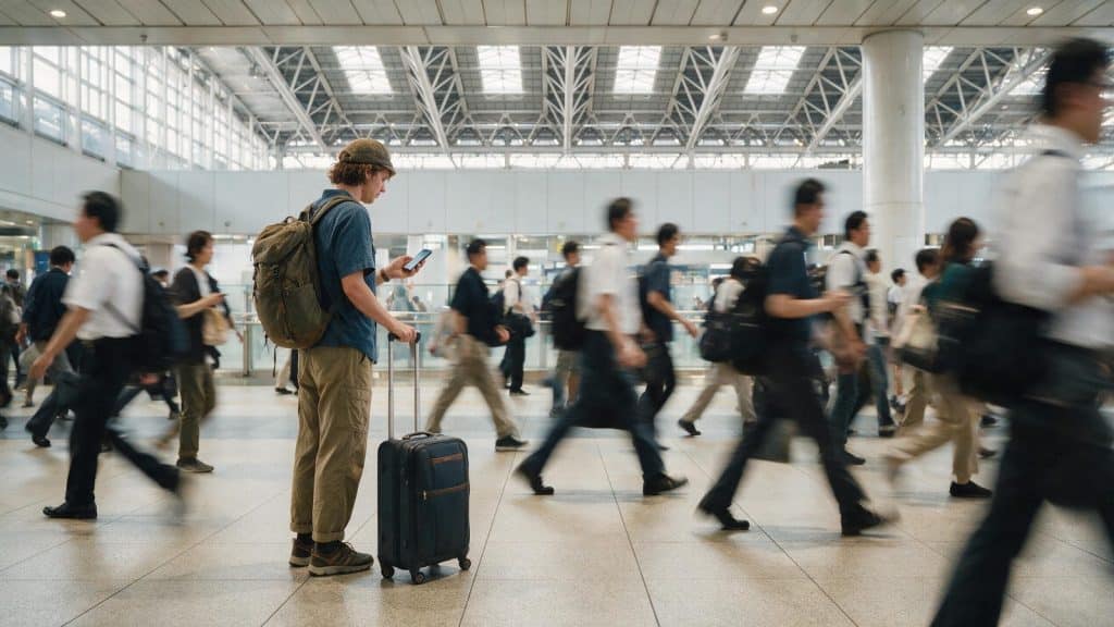 A traveller checking a phone in a busy Japanese station concourse