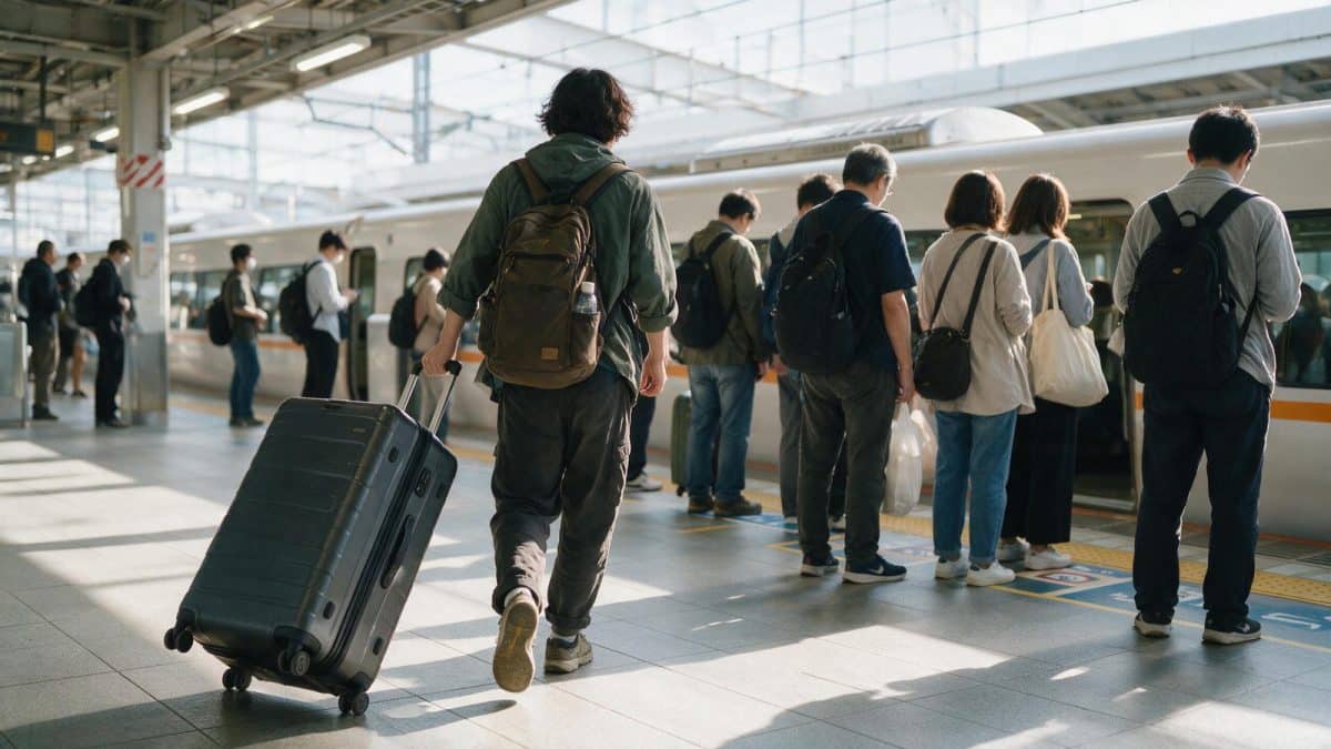 A traveller pulling a large suitcase along a Japanese railway platform