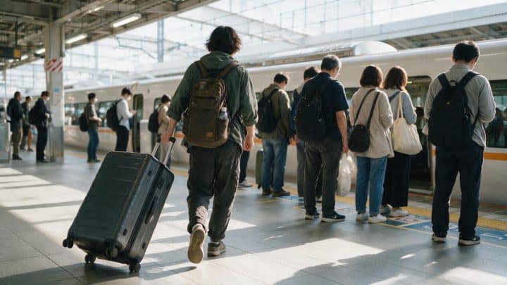 A traveller pulling a large suitcase along a Japanese railway platform