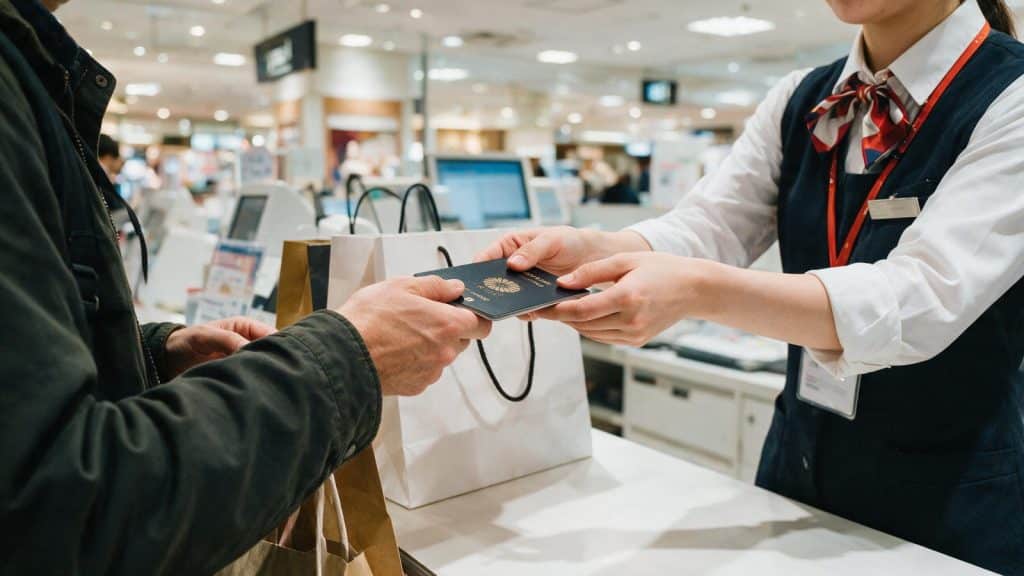 A passport handed across a department store counter beside shopping bags