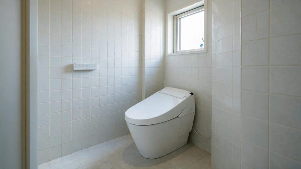 A small modern Japanese bathroom with an electronic bidet toilet