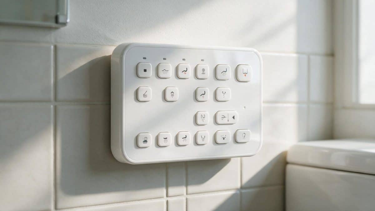 The button panel of a Japanese washlet toilet mounted on a bathroom wall