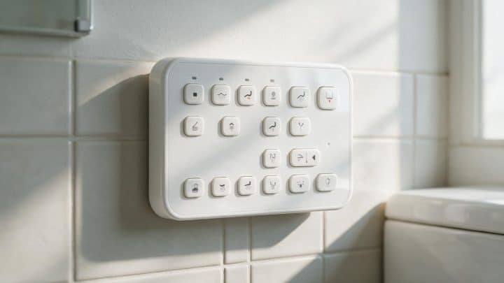 The button panel of a Japanese washlet toilet mounted on a bathroom wall