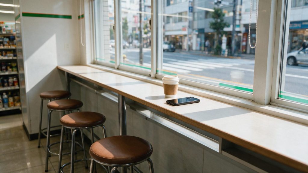 The window eat-in counter inside a Japanese convenience store