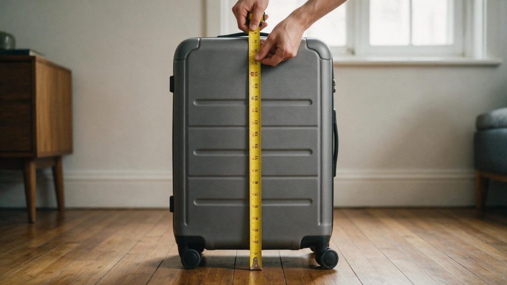 A tape measure held against the height of a large hard-shell suitcase