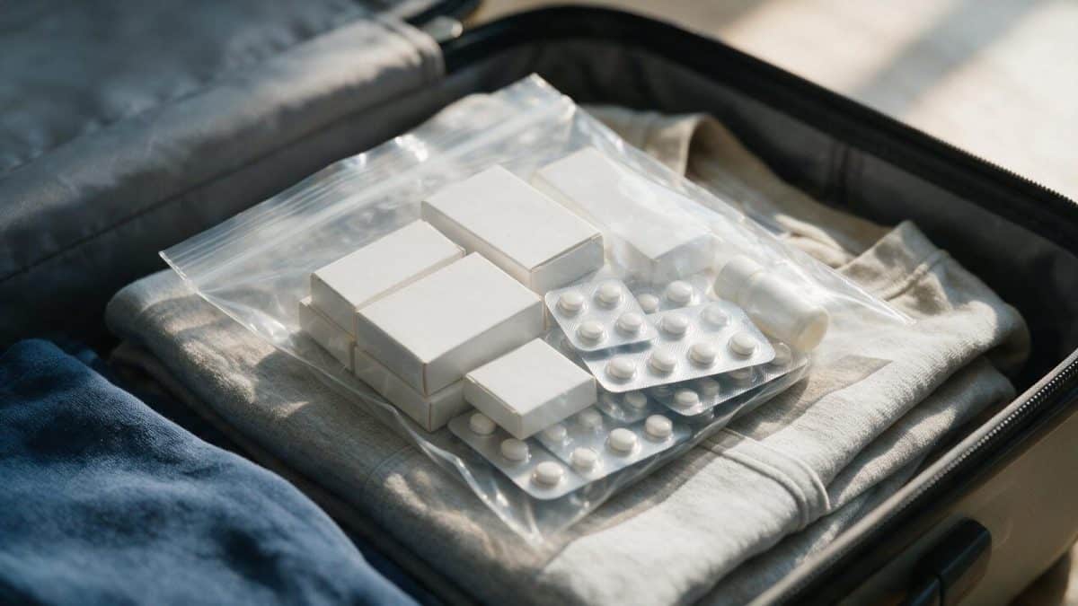 Medicine boxes and blister packs packed in a clear bag inside a suitcase