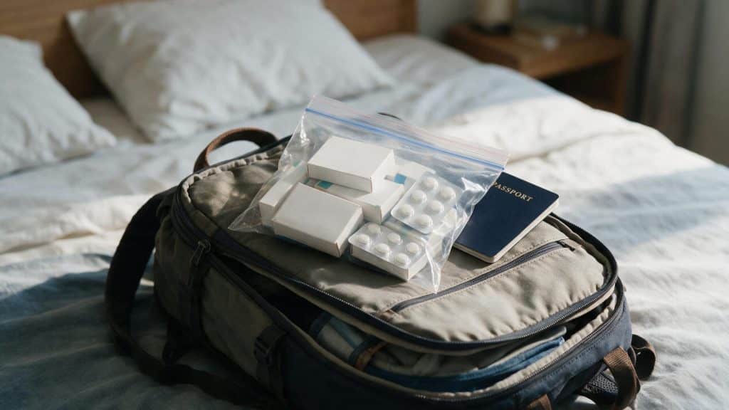 A clear bag of medicine in an open cabin backpack next to a passport