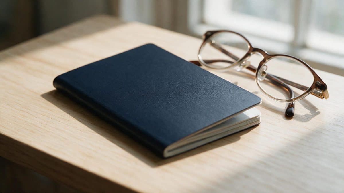 A plain dark passport lying closed on a wooden table beside reading glasses