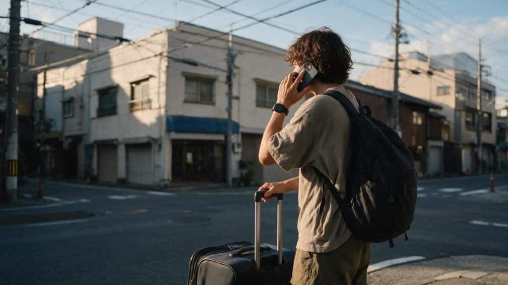 A traveller making a phone call from a quiet Japanese street
