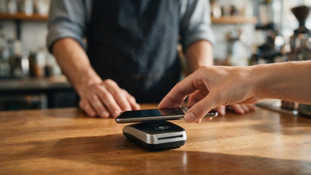 A phone held against a contactless payment terminal at a cafe counter