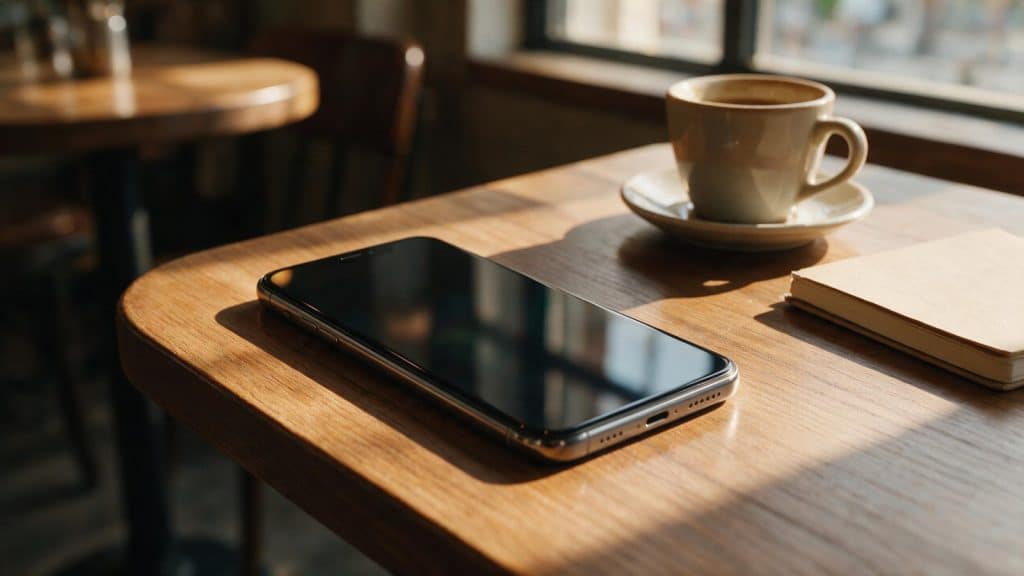 A smartphone lying face down beside a coffee cup on a cafe table