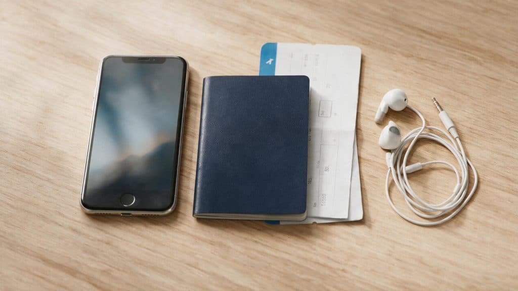 A phone, passport and boarding pass laid out on a table before a trip