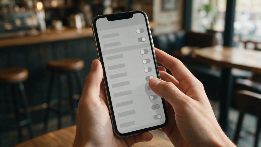 Hands holding a smartphone open at a plain settings screen