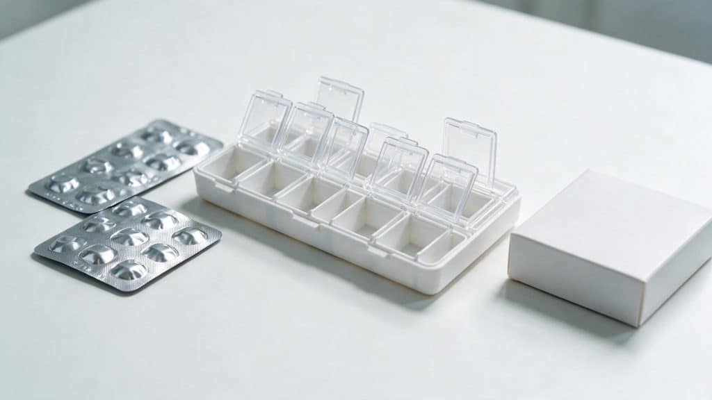 A weekly pill organiser open beside blister packs on a white table