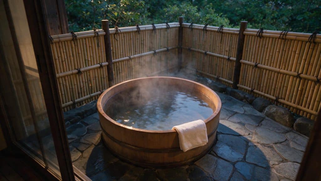 A small private open-air wooden bath on a stone terrace at a Japanese inn