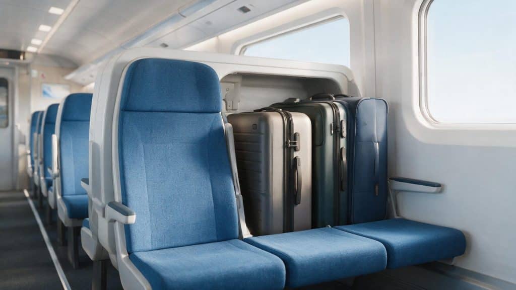 Suitcases stowed in the space behind the last row of seats in a train carriage